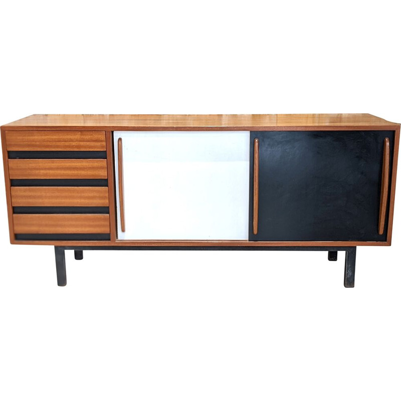 Vintage Cansado mahogany highboard with black and white doors by Charlotte Perriand for Steph Simon, 1960