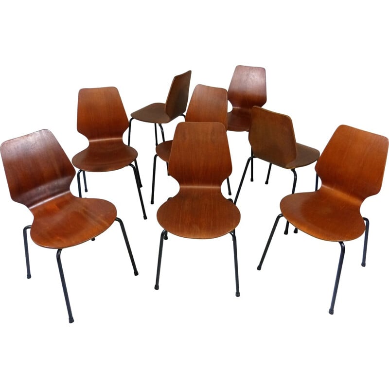 Set of 8 Danish stakable teak plywood chairs - 1950s