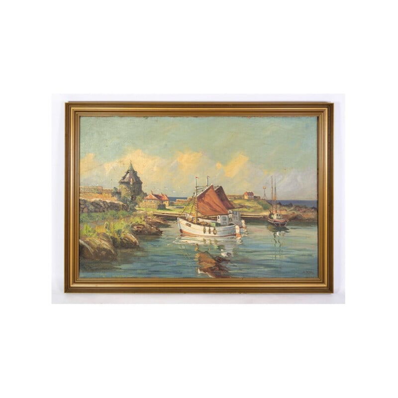 Peinture à l'huile vintage de bateaux de pêche près du rivage, 1930