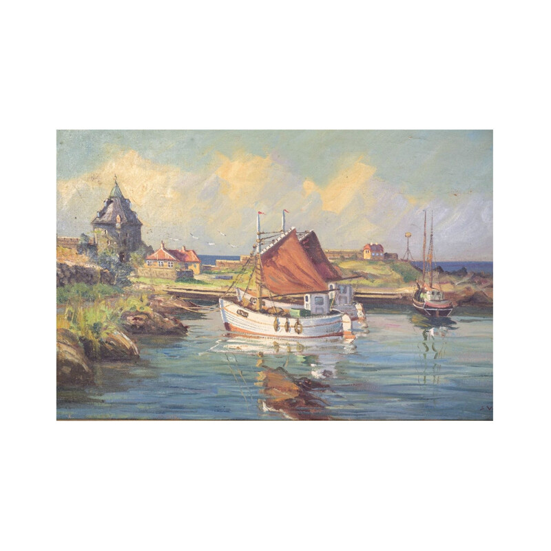 Oud olieverfschilderij van vissersboten bij de kust, 1930