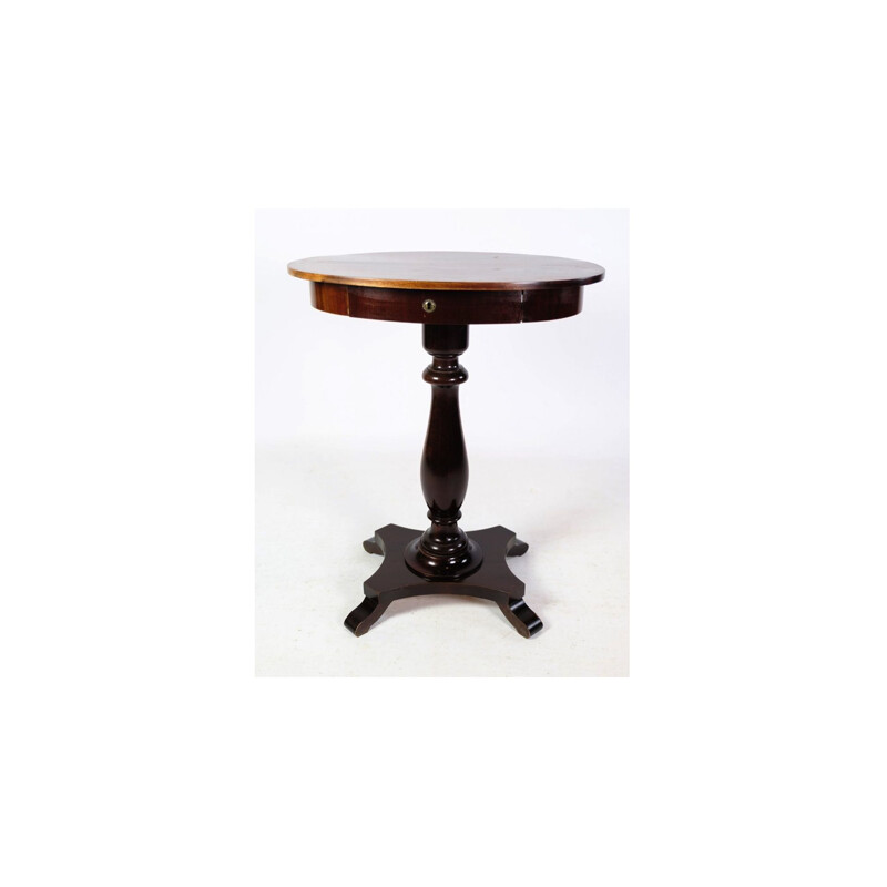Vintage oval side table on pillar with drawer in mahogany, 1890s