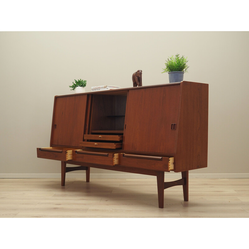 Teak vintage highboard with sliding doors, Denmark 1960s