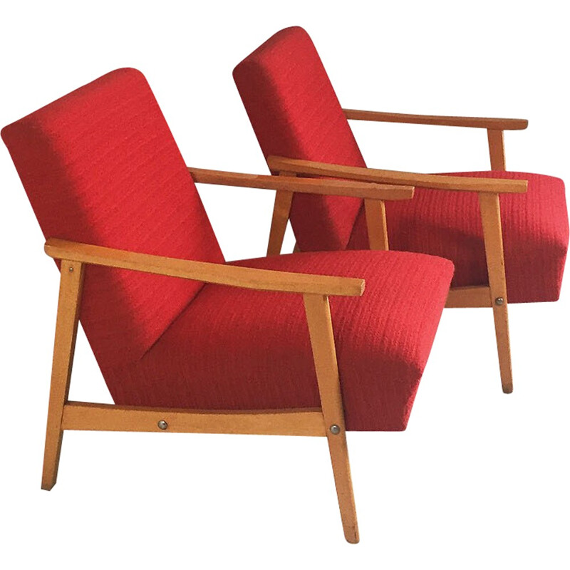 Pair of Czech lounge chairs in beech and red fabric - 1970s