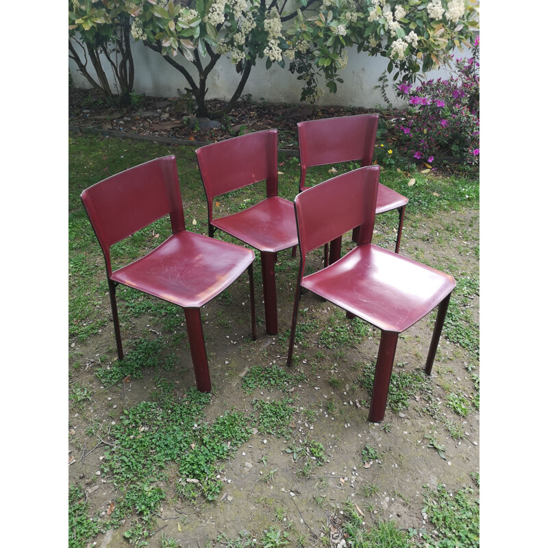 Conjunto de 4 cadeiras de couro vintage S91 de Giancarlo Vegni para a Fama, 1980