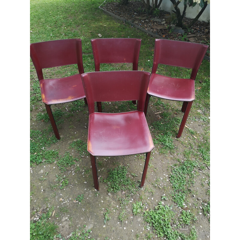 Set of 4 vintage S91 leather chairs by Giancarlo Vegni for Fame, 1980