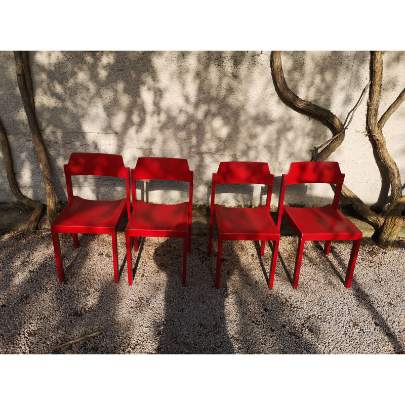Set of 4 vintage red beechwood chairs by Rainer Schell, 1960