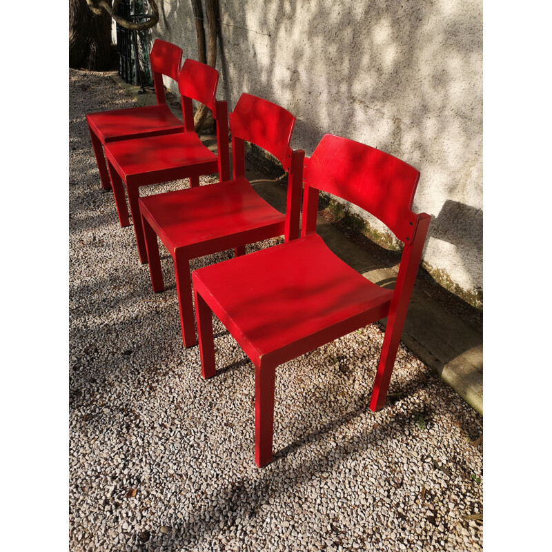 Lot de 4 chaises vintage en hêtre rouge par Rainer Schell, 1960