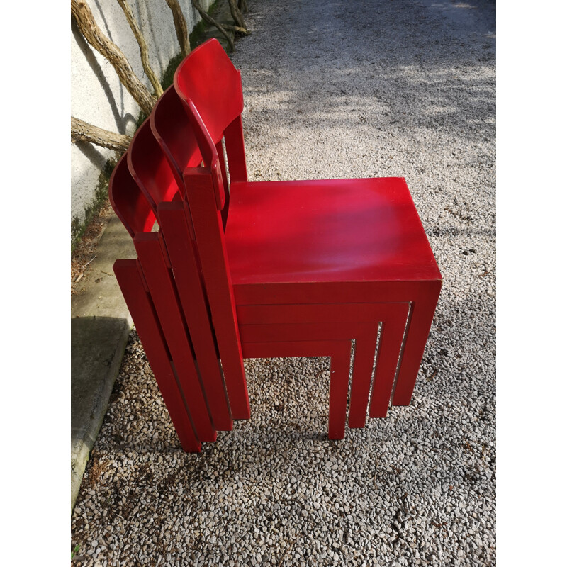 Set of 4 vintage red beechwood chairs by Rainer Schell, 1960