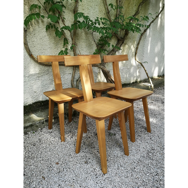 Set of 4 vintage brutalist T-chairs in blond elmwood by Olavi Hanninen