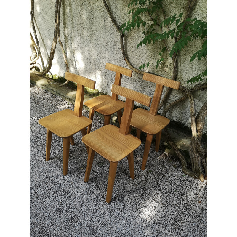 Set of 4 vintage brutalist T-chairs in blond elmwood by Olavi Hanninen