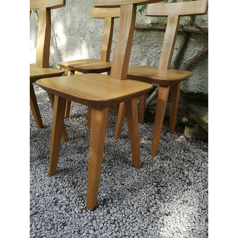 Set of 4 vintage brutalist T-chairs in blond elmwood by Olavi Hanninen