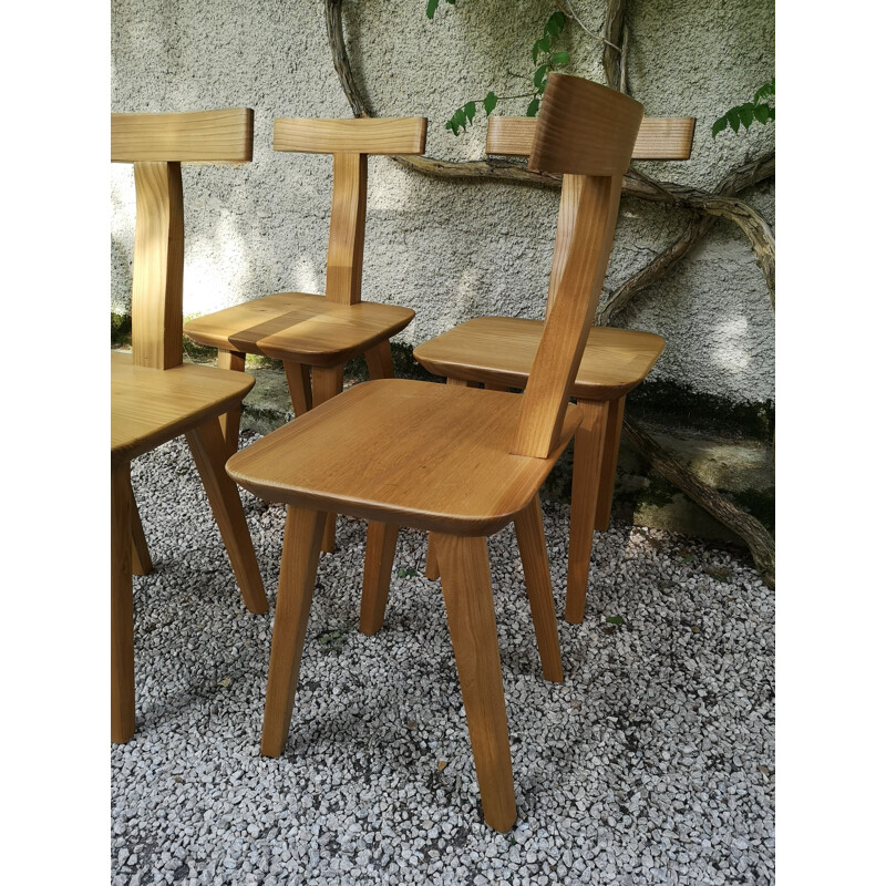 Set of 4 vintage brutalist T-chairs in blond elmwood by Olavi Hanninen