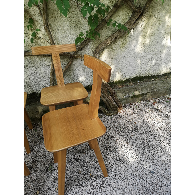 Set of 4 vintage brutalist T-chairs in blond elmwood by Olavi Hanninen