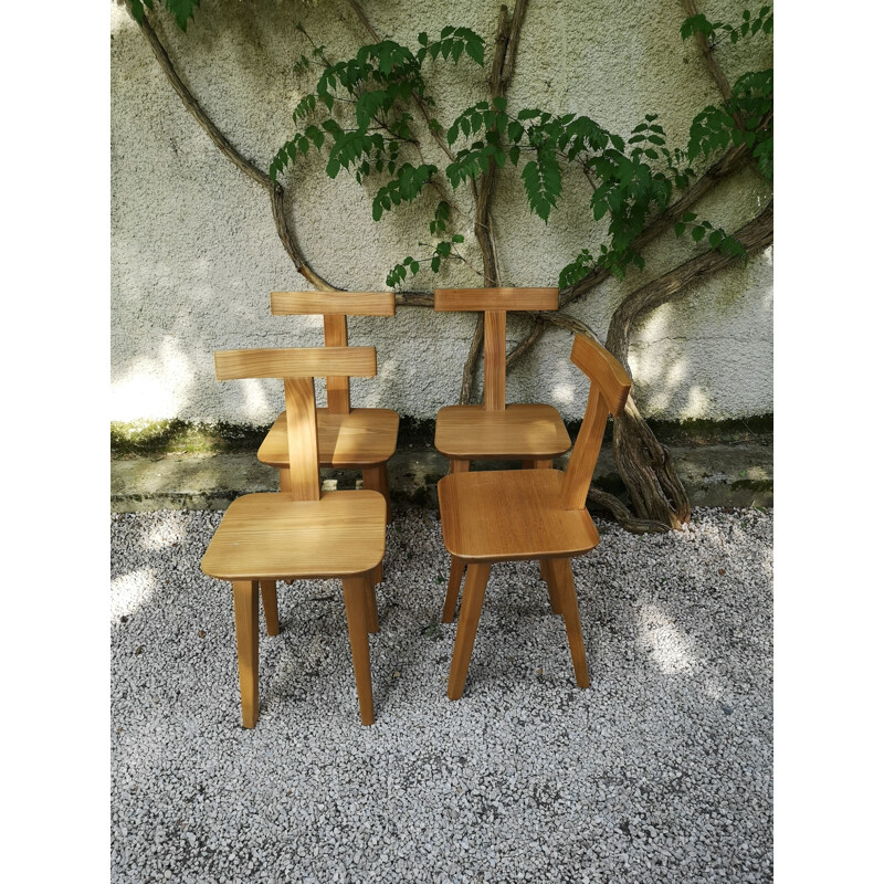 Set of 4 vintage brutalist T-chairs in blond elmwood by Olavi Hanninen