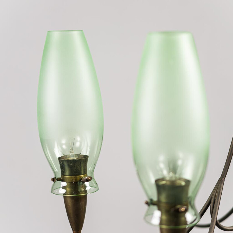 Latão Vintage e candelabro de vidro 6-luz, 1950