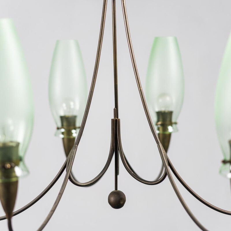 Vintage brass and glass 6-light chandelier, 1950