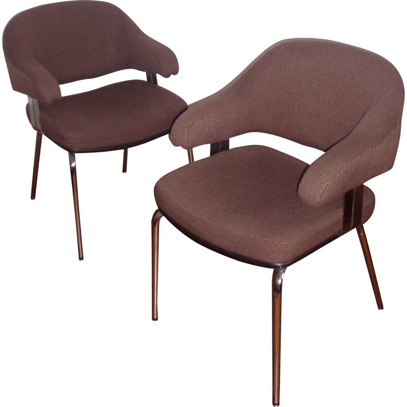 Pair of mid-century armchairs in brown tweed and chromed metal - 1970s