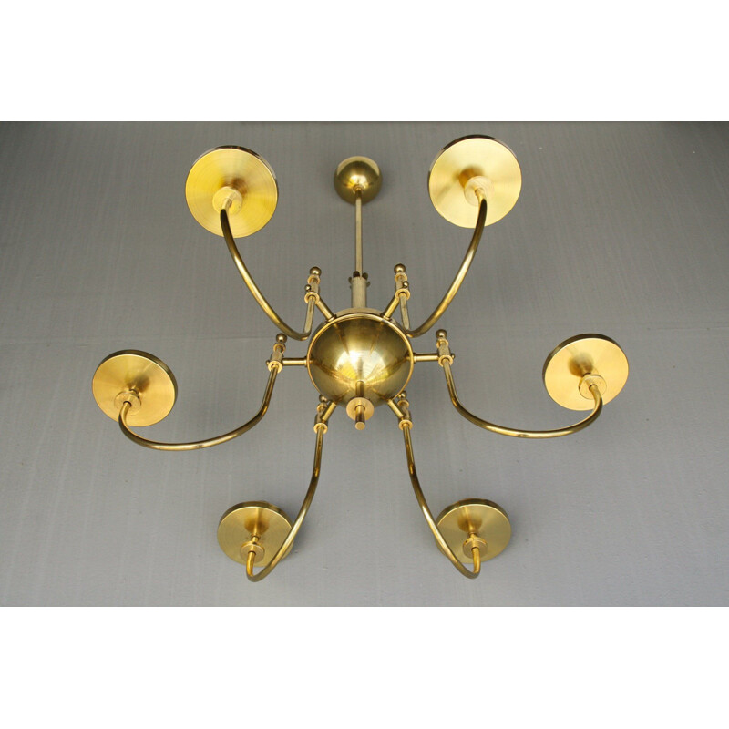 Vintage brass and opal glass chandelier, Germany 1940s