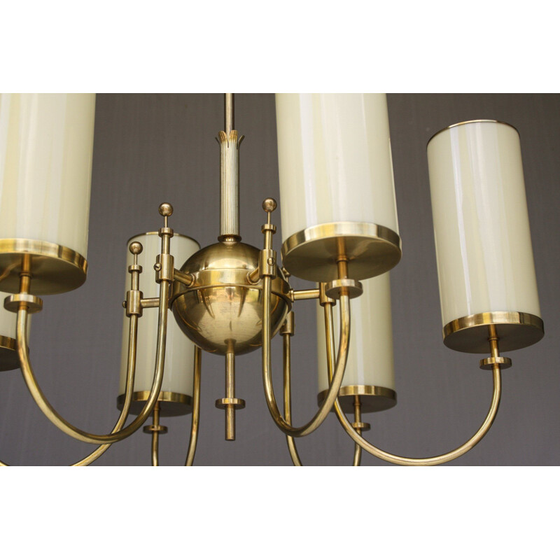 Vintage brass and opal glass chandelier, Germany 1940s