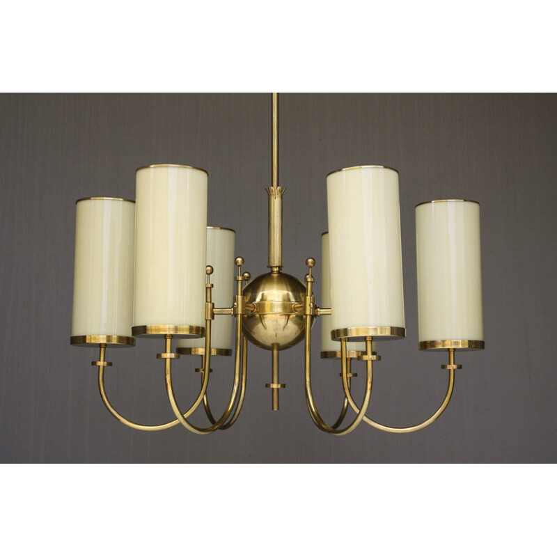 Vintage brass and opal glass chandelier, Germany 1940s