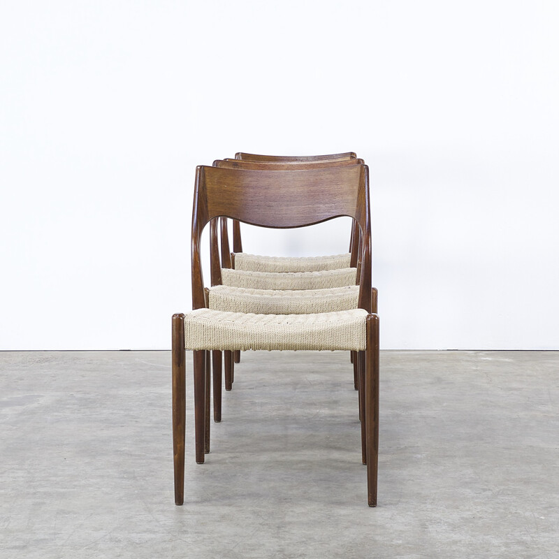 Set of 4 J.L. Møller dining chairs in teak and papercord, Niels Otto MØLLER - 1960s