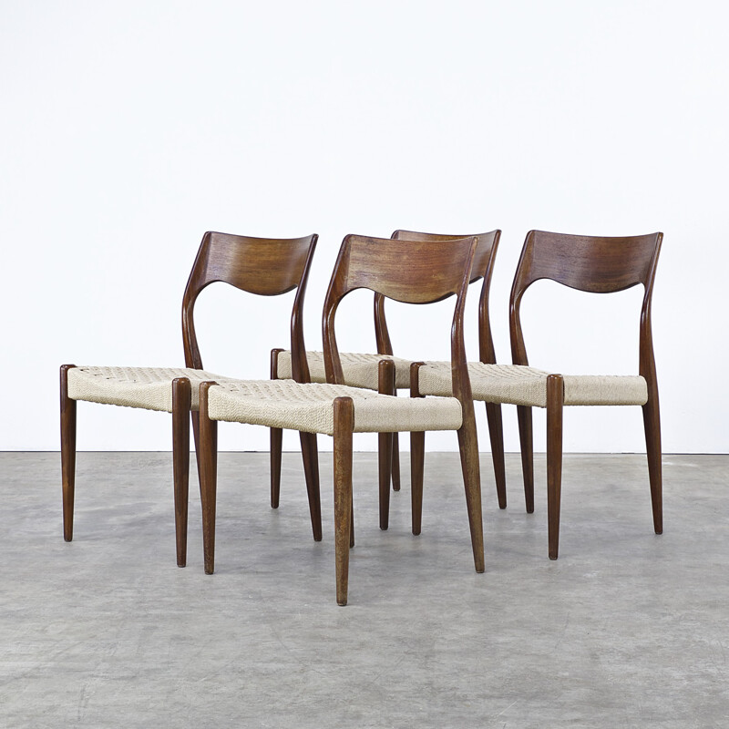 Set of 4 J.L. Møller dining chairs in teak and papercord, Niels Otto MØLLER - 1960s