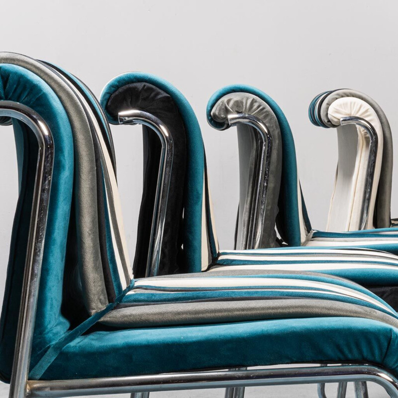 Ensemble de 4 chaises vintage dentifrice en velours et métal, 1970