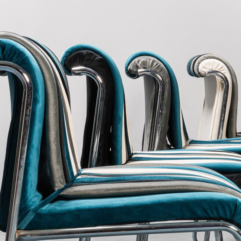 Set of 4 vintage toothpaste chairs in velvet and metal, 1970