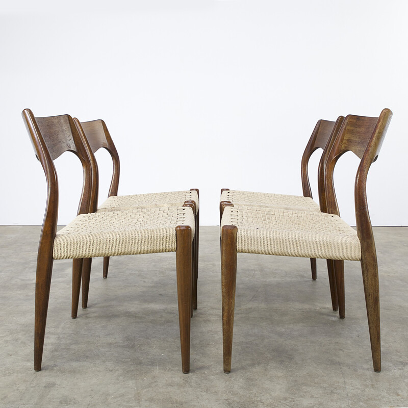 Set of 4 J.L. Møller dining chairs in teak and papercord, Niels Otto MØLLER - 1960s