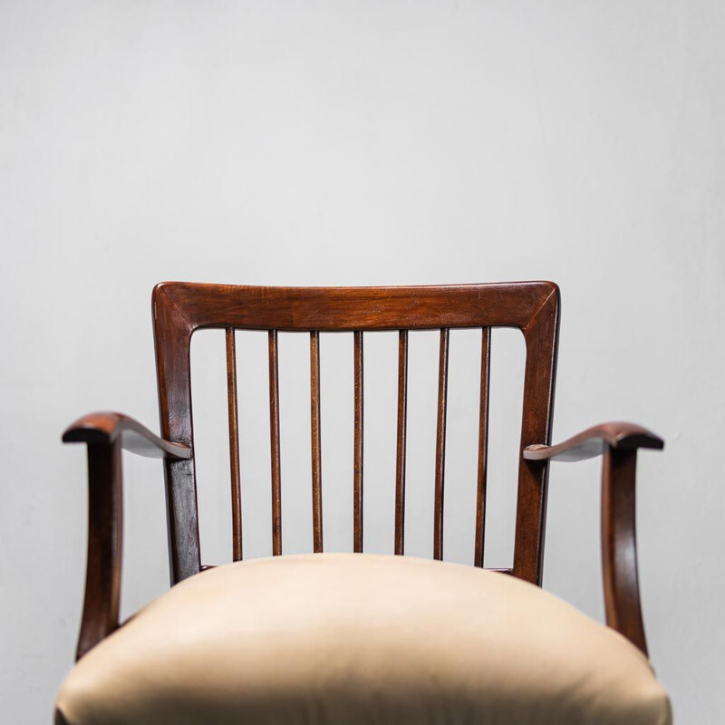 Juego de 3 sillas de oficina vintage de madera y cuero, 1950