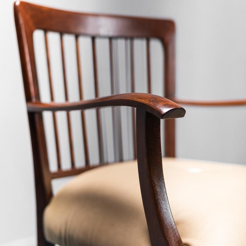 Set of 3 vintage wooden and leather office chairs, 1950s