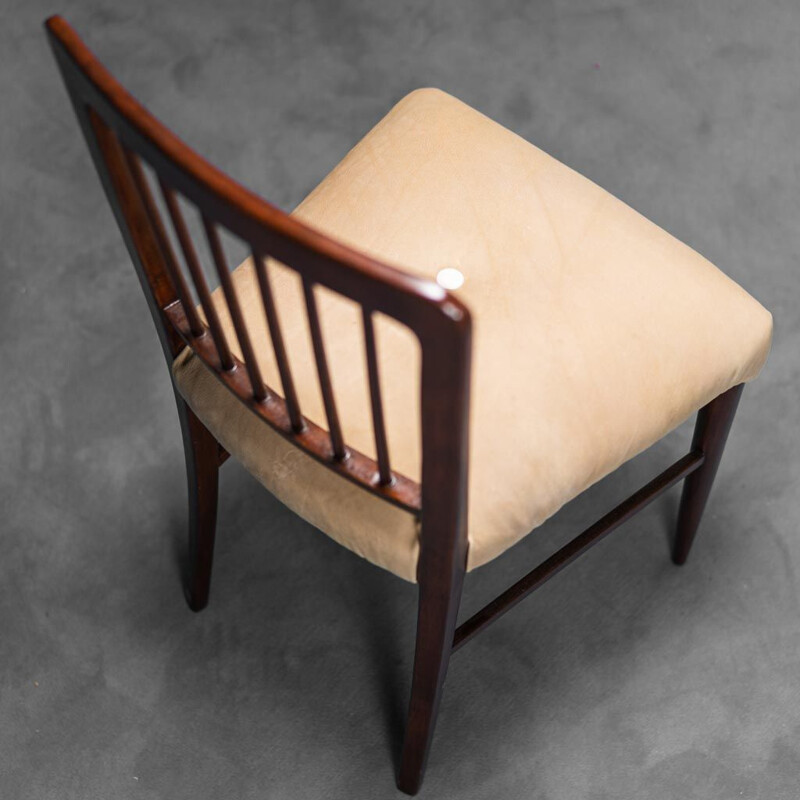 Juego de 3 sillas de oficina vintage de madera y cuero, 1950