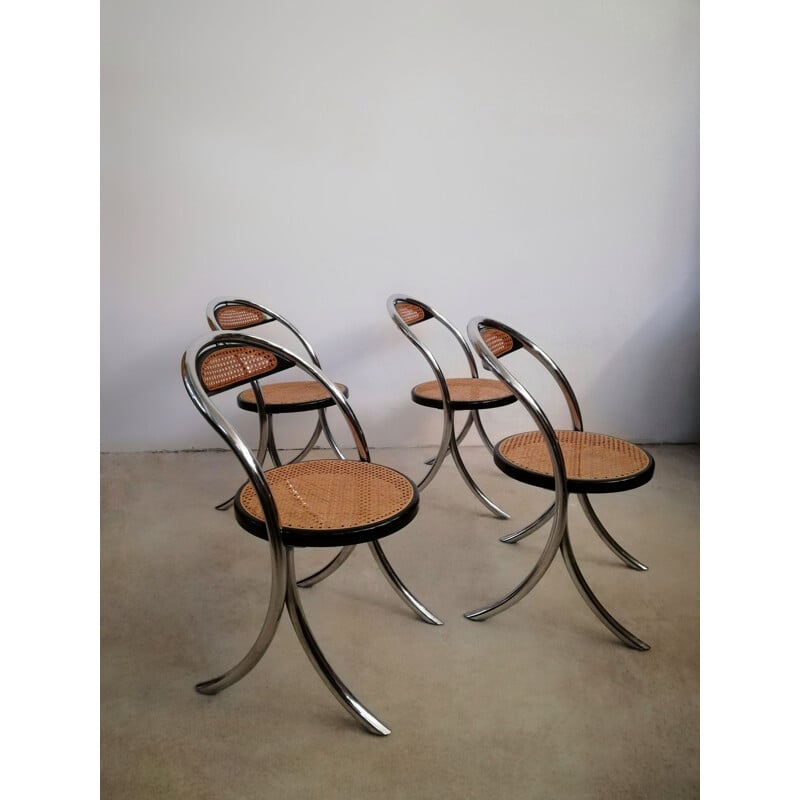 Set di 4 sedie vintage in acciaio cromato e paglia di Vienna, Italia 1970