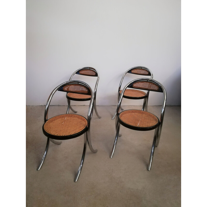 Set of 4 vintage dining chairs in chromed steel & Vienna straw, Italy 1970s