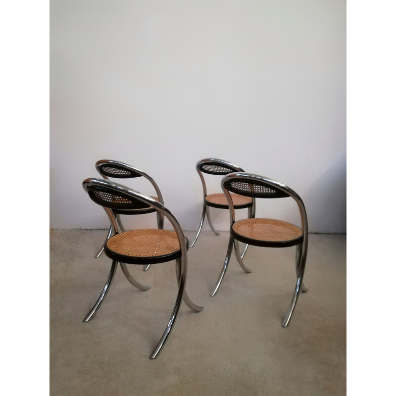 Ensemble de 4 chaises vintage en acier chromé et paille de Vienne, Italie 1970