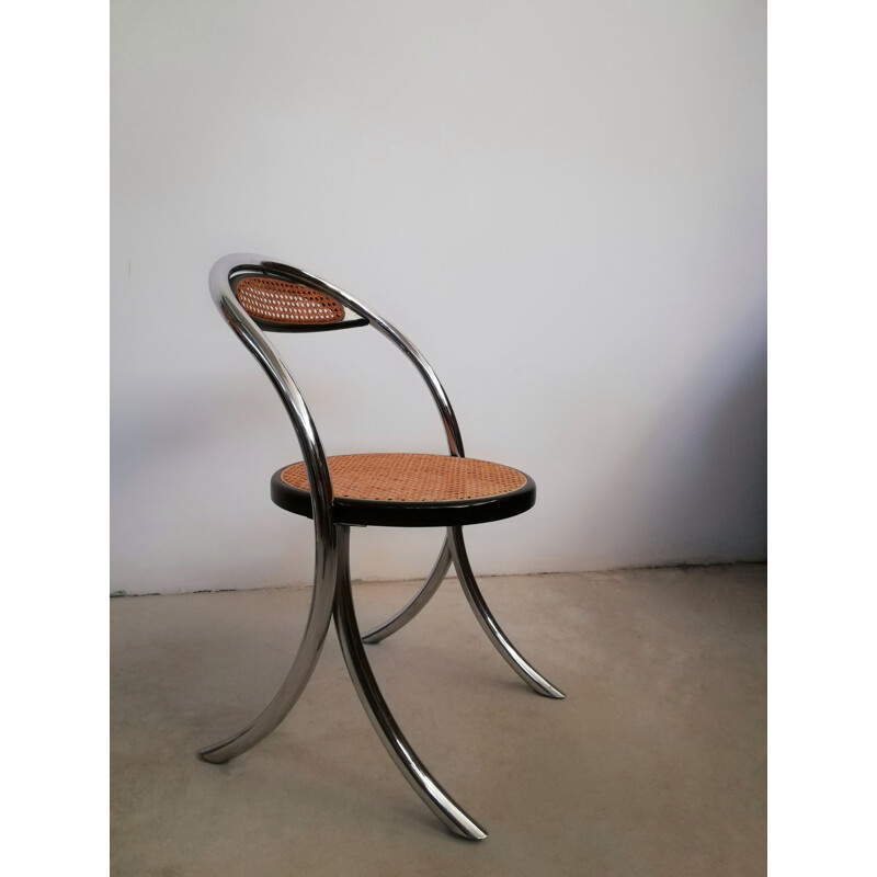 Ensemble de 4 chaises vintage en acier chromé et paille de Vienne, Italie 1970