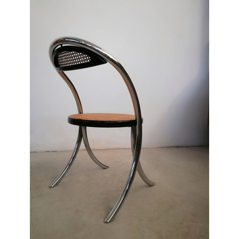 Set van 4 vintage stoelen in verchroomd staal en Weens stro, Italië 1970