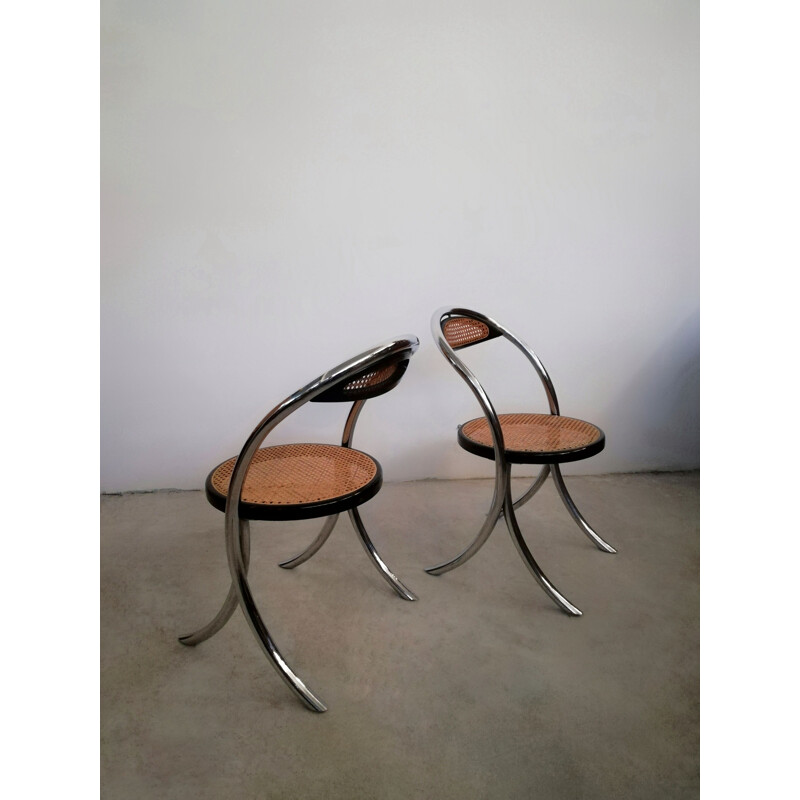 Juego de 4 sillas vintage de acero cromado y paja de Viena, Italia 1970