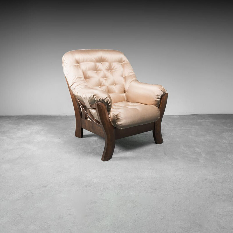 Vintage fauteuil in hout en beige stof, 1970