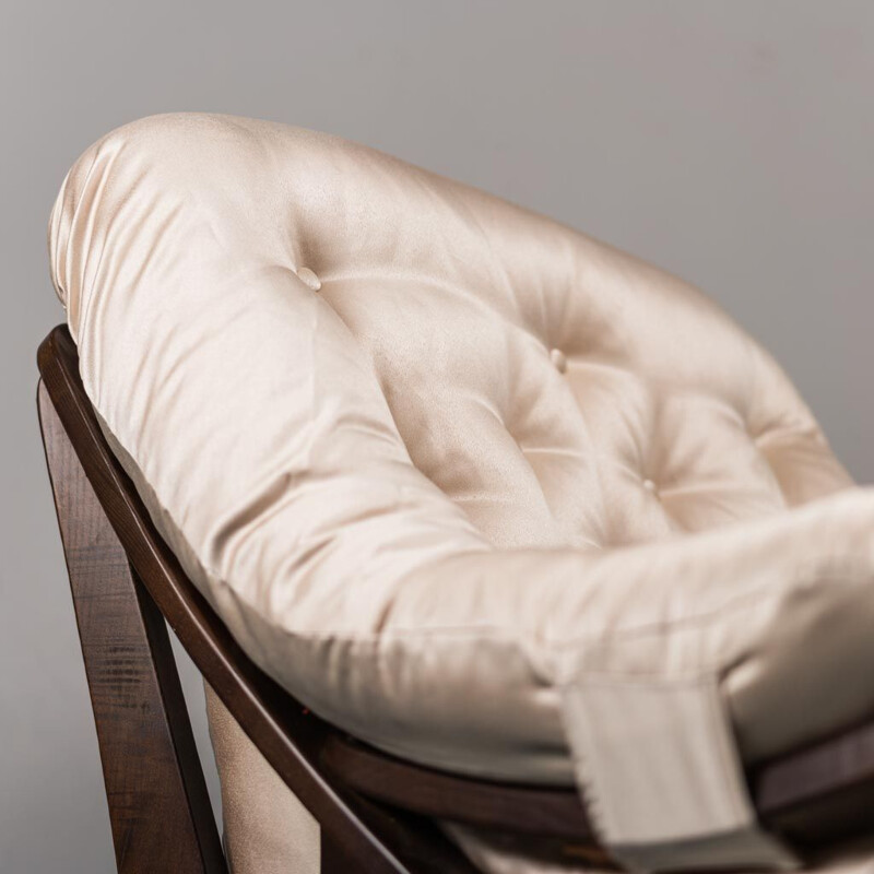 Vintage beige fabric and wooden armchair, 1970s