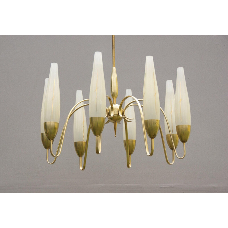 Vintage brass and opal glass chandelier with 8 arms, Italy 1950