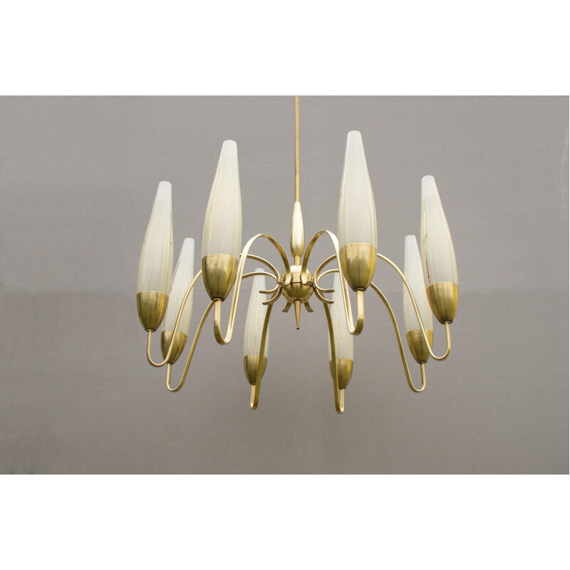 Vintage brass and opal glass chandelier with 8 arms, Italy 1950