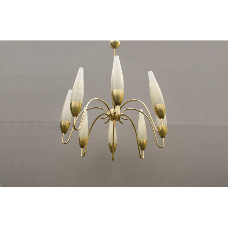 Vintage brass and opal glass chandelier with 8 arms, Italy 1950