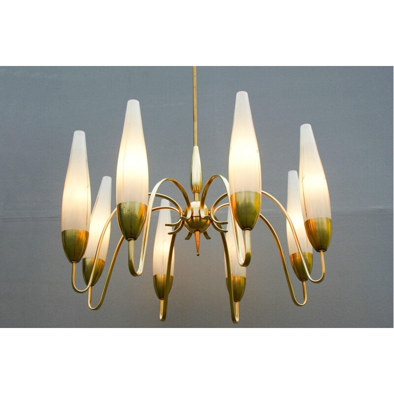 Vintage brass and opal glass chandelier with 8 arms, Italy 1950