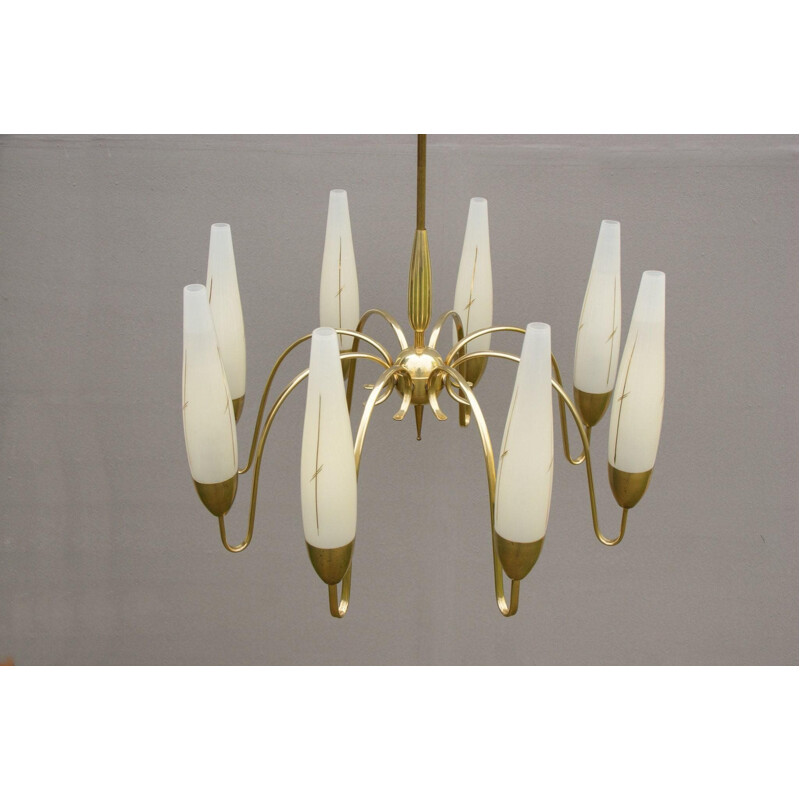 Vintage brass and opal glass chandelier with 8 arms, Italy 1950