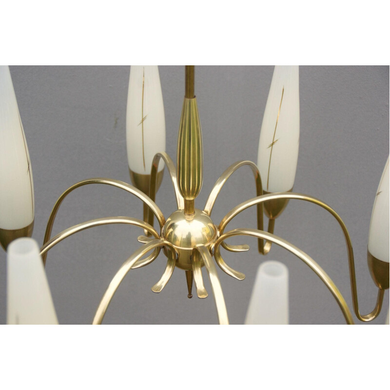 Vintage brass and opal glass chandelier with 8 arms, Italy 1950