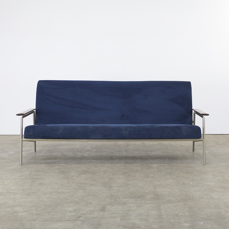Mid-century 3 seater sofa in teak and dark blue fabric - 1960s