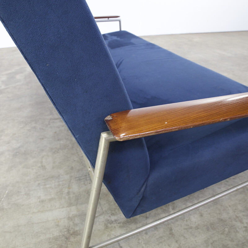 Mid-century 3 seater sofa in teak and dark blue fabric - 1960s