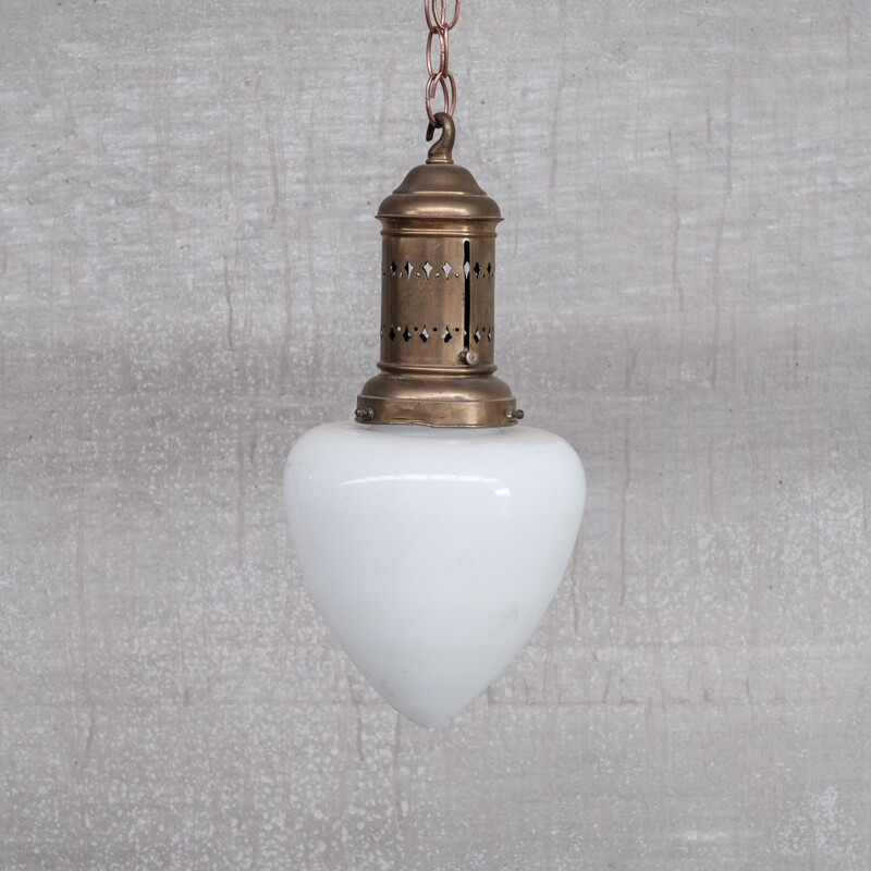 Vintage brass and opaline glass pendant lamp, France 1930s