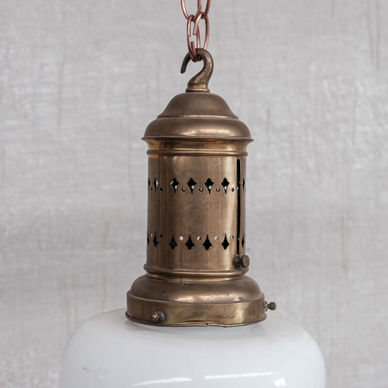 Vintage brass and opaline glass pendant lamp, France 1930s